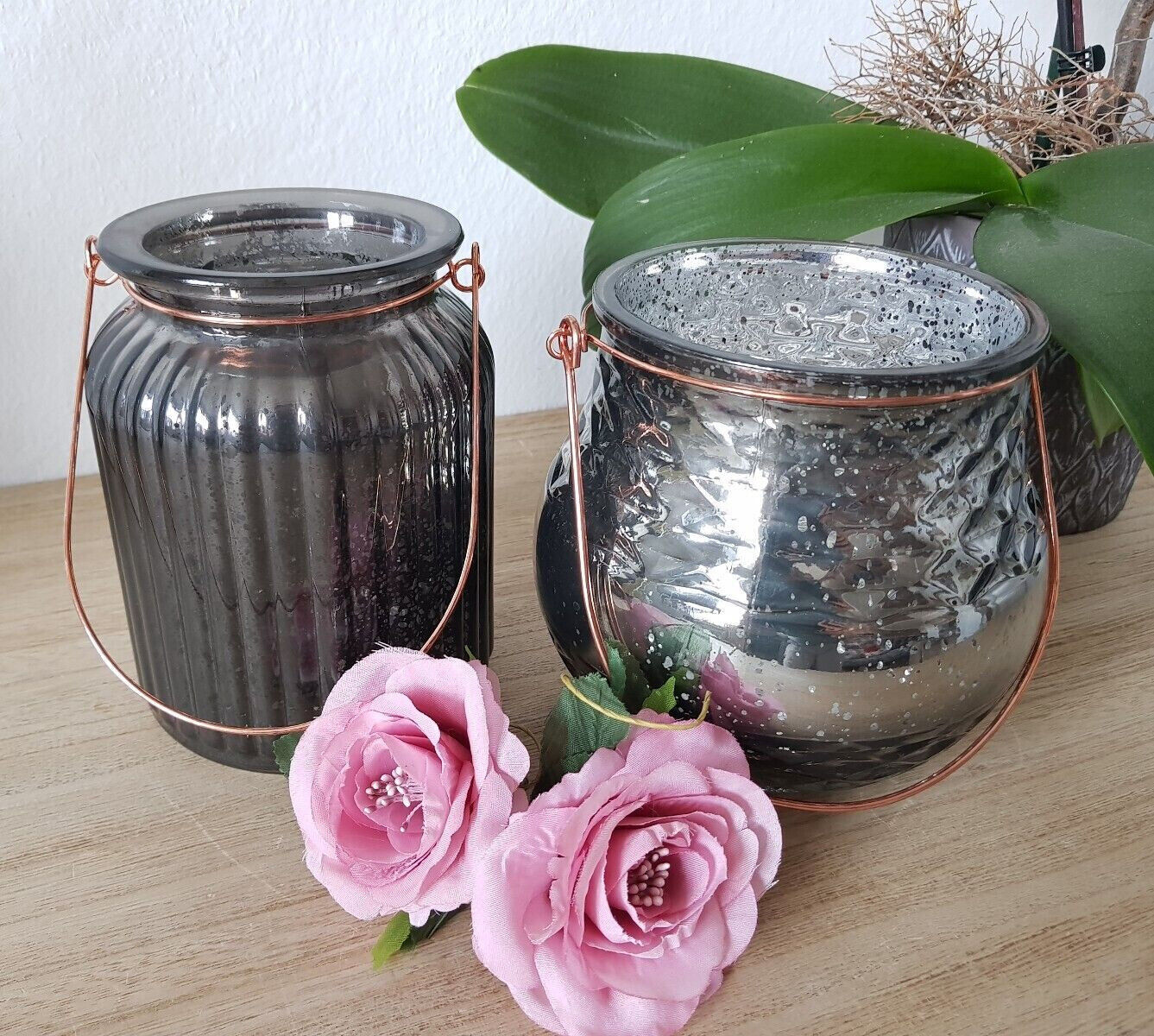 Windlicht Glas Bauernsilber Anthrazit Dekoglas Vase Kerzenhalter Teelichthalter