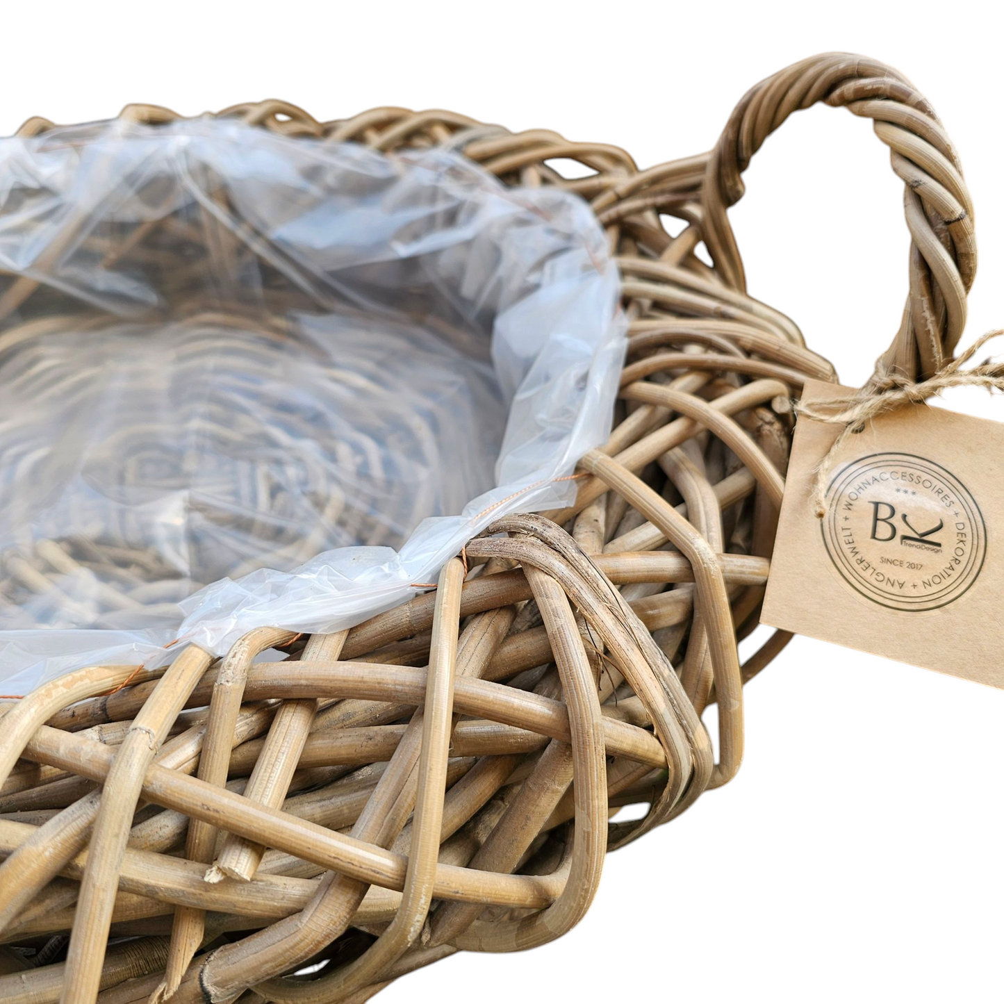 Pflanzschale Pflanzkorb XL natürliches Rattan grey Ø 50cm rund Henkel