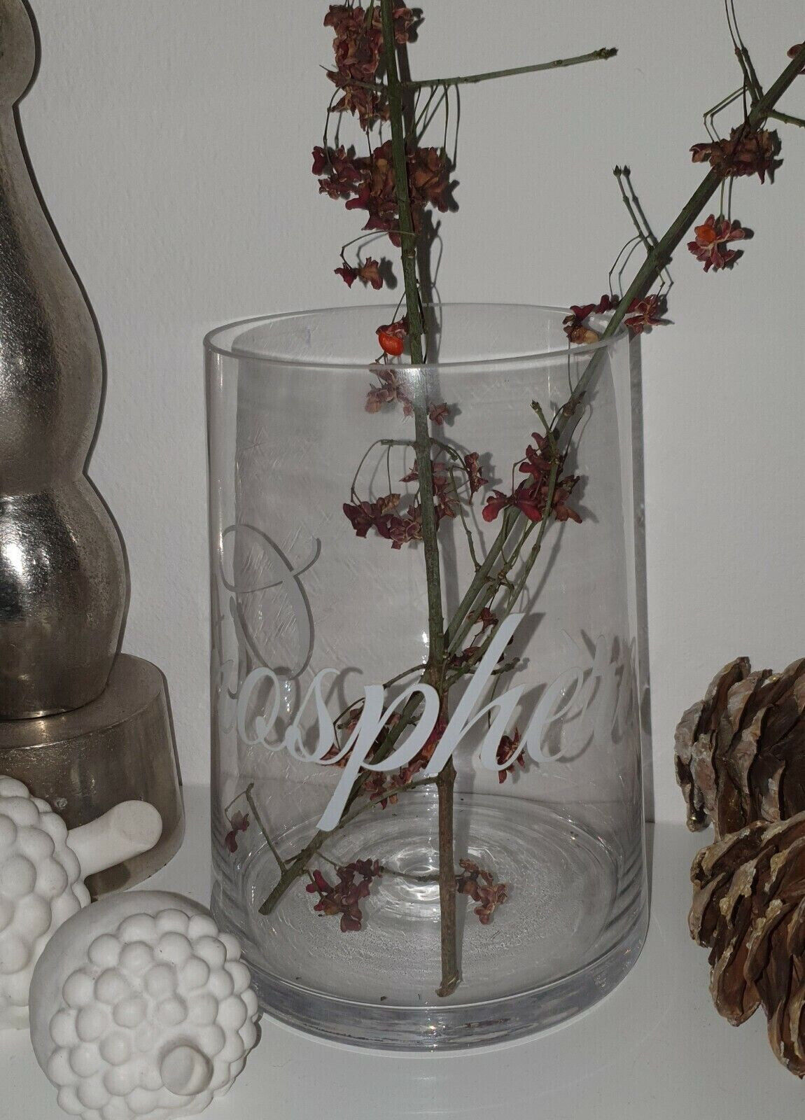 Blumenvase Glasvase Landhaus Vintage Shabby Schriftzug "Atmospheres"