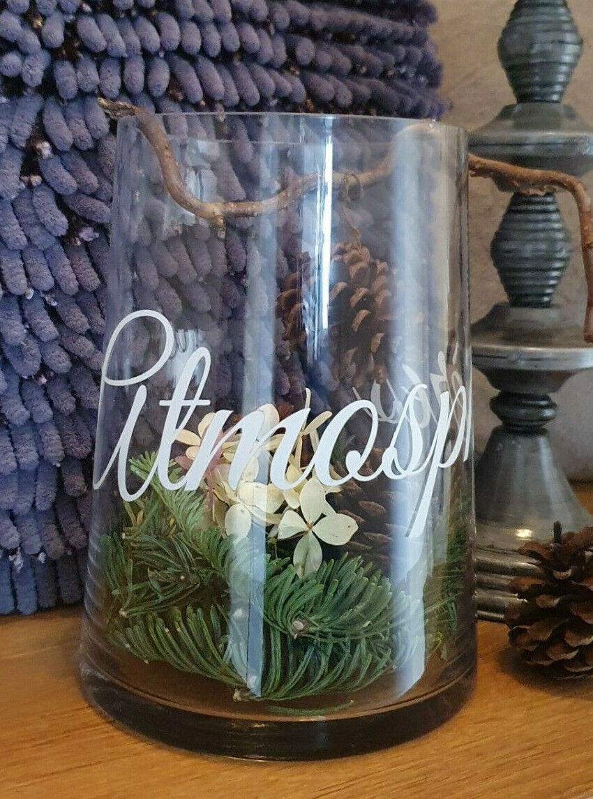 Blumenvase Glasvase Landhaus Vintage Shabby Schriftzug "Atmospheres"