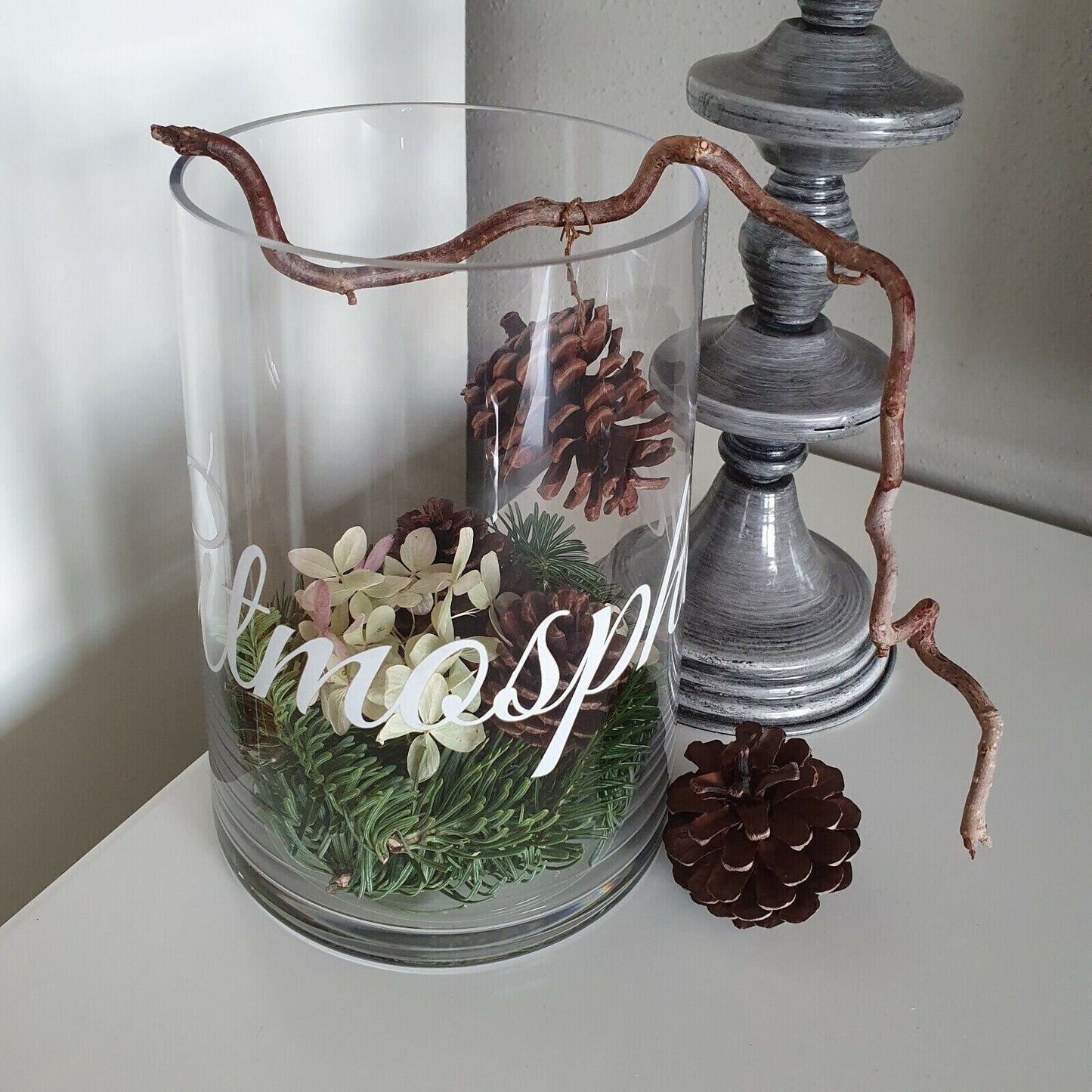 Blumenvase Glasvase Landhaus Vintage Shabby Schriftzug "Atmospheres"